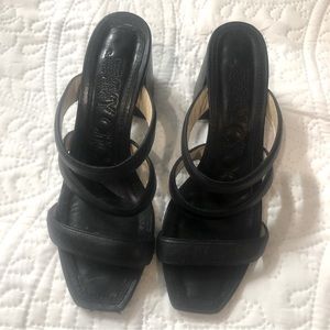 Jimmy Choo leather heeled strappy sandals, black, GUC